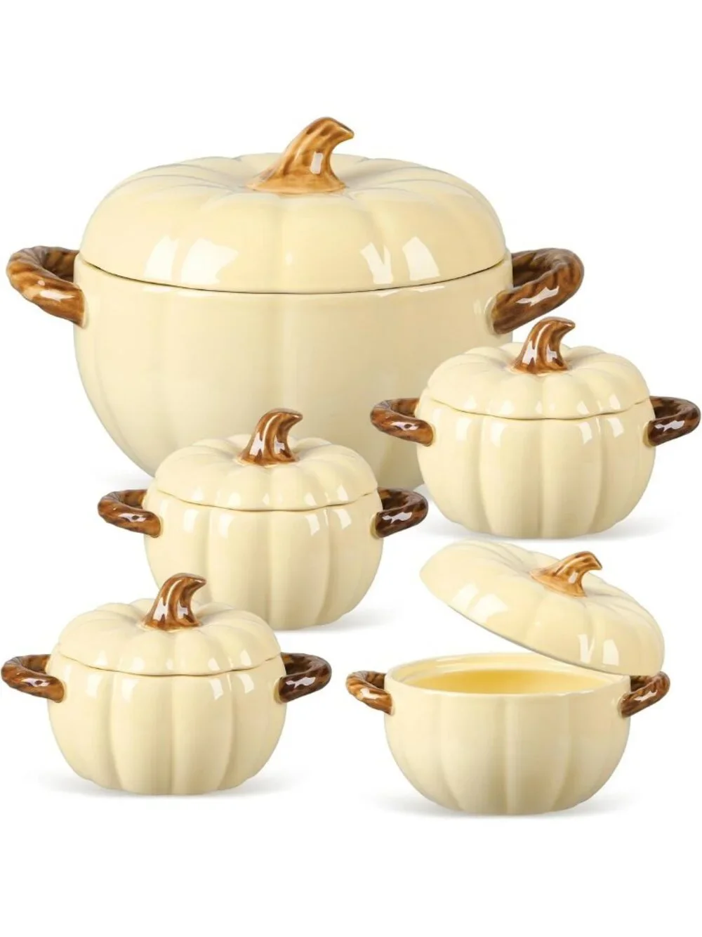 Set of 5 Decorative Ceramic Pumpkin Bowls with Lids & Handles - Cream Yellow
